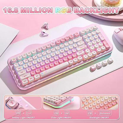 YUNZII C98 Cute Cake Wireless Mechanical Keyboard(Pink, Candy Switch) | 99 Keys with Number Pad, Hot Swap, PBT MOA Keycaps, BT5.0/2.4G/USB-C, Gasket Mount, Custom RGB Backlit for Win/Mac