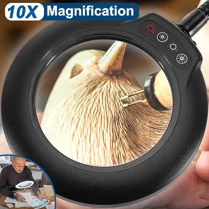 10X Magnifying Glass with Light, Flexible Gooseneck Lighted Magnifier with Stand, 5 Color Modes Stepless Dimmable LED Desk Lamp Hands Free for Crafts Painting Sewing Jewelry Reading Close Work