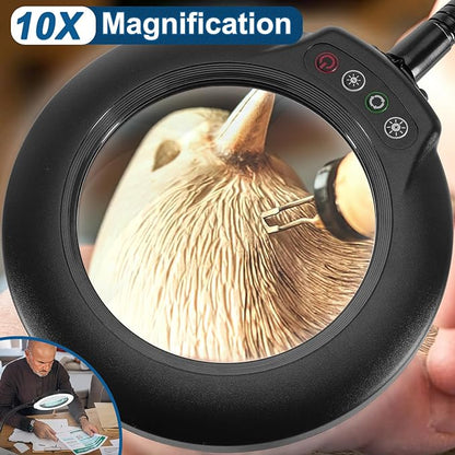 10X Magnifying Glass with Light, Flexible Gooseneck Lighted Magnifier with Stand, 5 Color Modes Stepless Dimmable LED Desk Lamp Hands Free for Crafts Painting Sewing Jewelry Reading Close Work