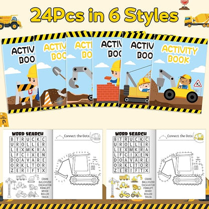 Dvbonike 24Pcs Construction Activity Books - Construction Vehicles Mini Fun Games Coloring Book Bulk with Excavator Forklift Truck Party Favors Goodie Bag Stuffers Classroom Rewards Supplies
