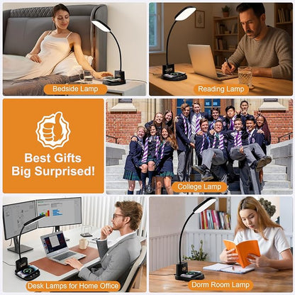 10W Wireless Charging LED Desk Lamp with Clock, Light Black | CRI 95, 800LM, Stepless Dimming, 3 Modes, 360°Flexible Arm, Touch, Study Table Lamp for Home Office, Dorm Room, with Adapter