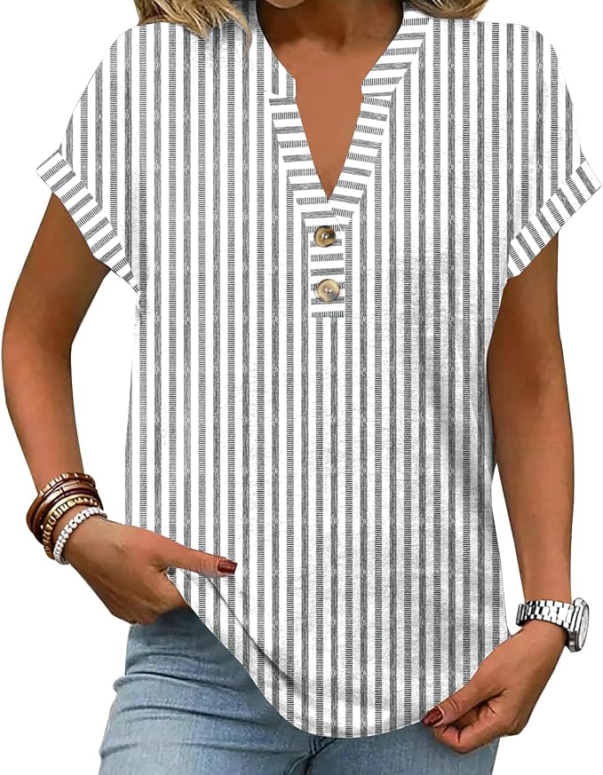 Womens Henley Summer Tops V Neck Button Dressy Casual T Shirts Blouses | Breathable, V-Neck Button, Striped, Loose Fit, Business Casual, Office, Vacation, Spring Summer Tops, Basic Shirts