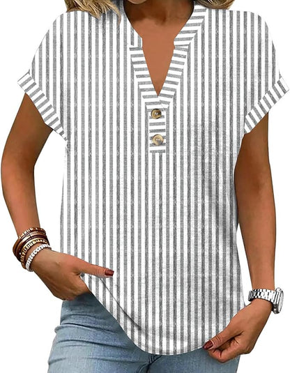 Womens Henley Summer Tops V Neck Button Dressy Casual T Shirts Blouses | Breathable, V-Neck Button, Striped, Loose Fit, Business Casual, Office, Vacation, Spring Summer Tops, Basic Shirts