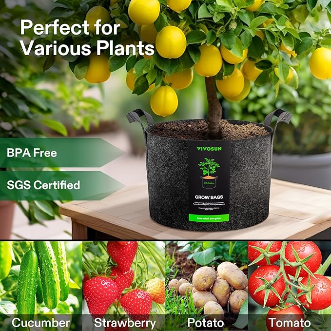 VIVOSUN 5-Pack 25 Gallon Plant Grow Bags, Heavy Duty Thickened Nonwoven Fabric Pots with Handles