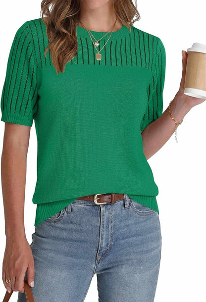 Zeagoo Women's Short Sleeve Sweater Tops 2026 Spring Summer Crew Neck Hollow Out Blouses Dressy Business Casual Outfits
