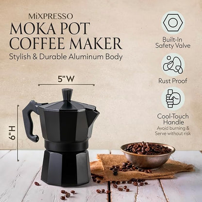 Mixpresso 3 Cup Moka Pot Stovetop Espresso Maker, Italian Cuban Coffee Pot | 5oz aluminum Italian coffee maker for gas and electric stovetops, small design for traditional coffee at home, Mug 4.4 Oz