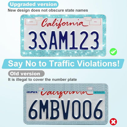 QUANQIUFEI 2 Pack Bling License Plate Frames for Women, Sparkly Rhinestone Diamond Car Accessories with Glitter Crystal Caps (Lake Blue)
