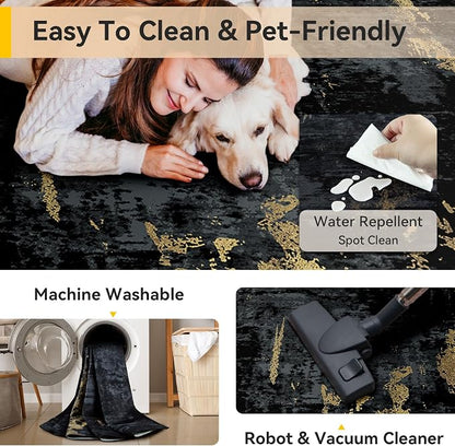 RELEANY Washable Area Rugs 4ft Non-Slip Modern Abstract Soft for Living Room Entryway Bedroom Kitchen, Print Pattern, Dark Black Gold