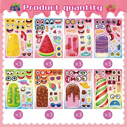 24 Sheets Make Your Own Ice Cream Stickers for Kids Toddlers, Make a Face Sticker Mix and Match Watermelon, Chocolate, Kiwi, Strawberry Ice Cream Stickers for Kids Activities Supplies Crafts