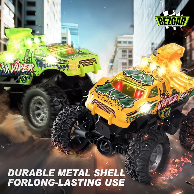 BEZGAR Mini Monster Truck Toys - 2.4GHz 1:64 Remote Control Car with Colorful Lights, 360° Spins, Metal Shell - Remote Control Monster Truck for Boys Girls Age 3, 4, 5, 6, 7, 8 Years Old(Yellow)