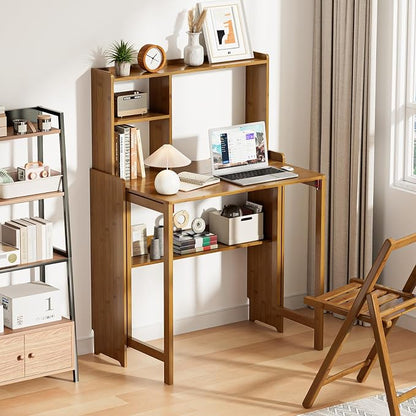 Folding Desk with Bookshelf, Compact Foldable Desk for Small Spaces,Brown | Bamboo Computer Desk with Storage Shelf, Space-Saving Home Office Desk with Hutch for Bedroom, Dorm, Apartment