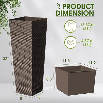 Devoko Resin Tall Planters for Outdoor Plants Set of 2, Large Taper Outdoor Planter Pots with 4 Drainage Holes, Flower Pots Modern Decor for Porch, Patio, Backyard, Home Garden (Brown, 32")