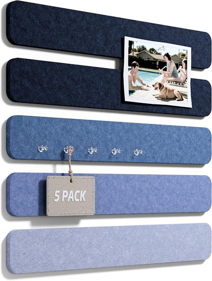 Fluxynara 13" x 2" Felt Wall Panels, Denim Mist | 5-Pack Cork Board Alternative with 35 Push Pins, Adhesive Mounting for Bedroom Door or Home Office