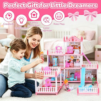 Pink Dollhouse Playset with Lights for Girls 6-12,Dream House with Garden, 3 Dolls 9 Rooms,Pet Dog and Furnitures,Indoor Playset Toys,Great Birthday Gift for Girls.