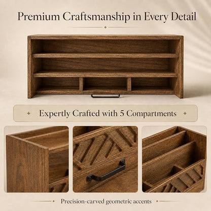 BLU MONACO | Wooden Mail Organizer with Drawer and Compartments | Mail Sorter Organizer Countertop for Desk Entryway | Outgoing Mail Holder Wood Desktop File Storage