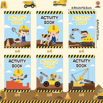 Dvbonike 24Pcs Construction Activity Books - Construction Vehicles Mini Fun Games Coloring Book Bulk with Excavator Forklift Truck Party Favors Goodie Bag Stuffers Classroom Rewards Supplies