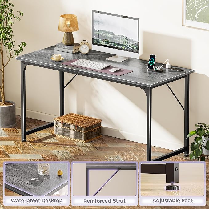 PRAISUN 55 X 20 Inch Computer Desk, Power Outlets, USB-C, Grey | Office Desk with 4 AC Outlets, USB & USB-C, Sturdy Metal Frame, Spacious Desktop for Work, Writing, Study & Gaming
