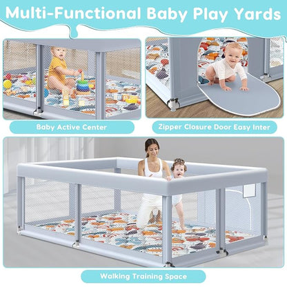 Fshibila 65" ×50" Large Baby Playpen with Mat, Baby Playard for Babies and Toddlers, Play Pens for Indoor & Outdoor, Sturdy Safety Play Yard with Soft Breathable Mesh, Anti-Fall, Grey