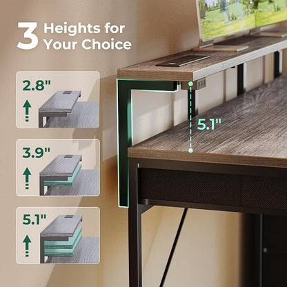 Huuger Gaming Desk with 6 Drawers, Computer Desk with LED Lights Power Outlets and Type-C, 39 Inch Office Desk with Storage, Monitor Stand, Writing & Work Desk for Home Office, Bedroom, Grey