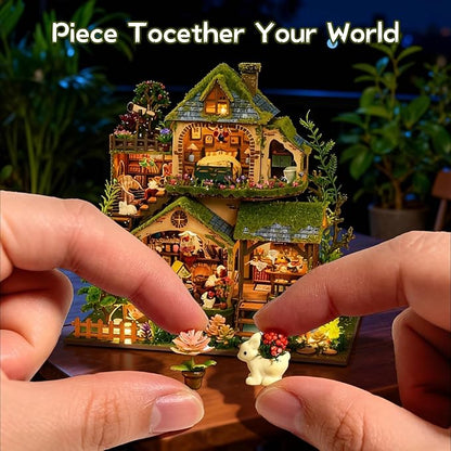 DIY Miniature House Kit, Victorian Dollhouse Kit, 3D Wooden Puzzles Bookshelf Craft Kits, Mini Doll House Building Kit for Adults Teen(Forest Cottage)
