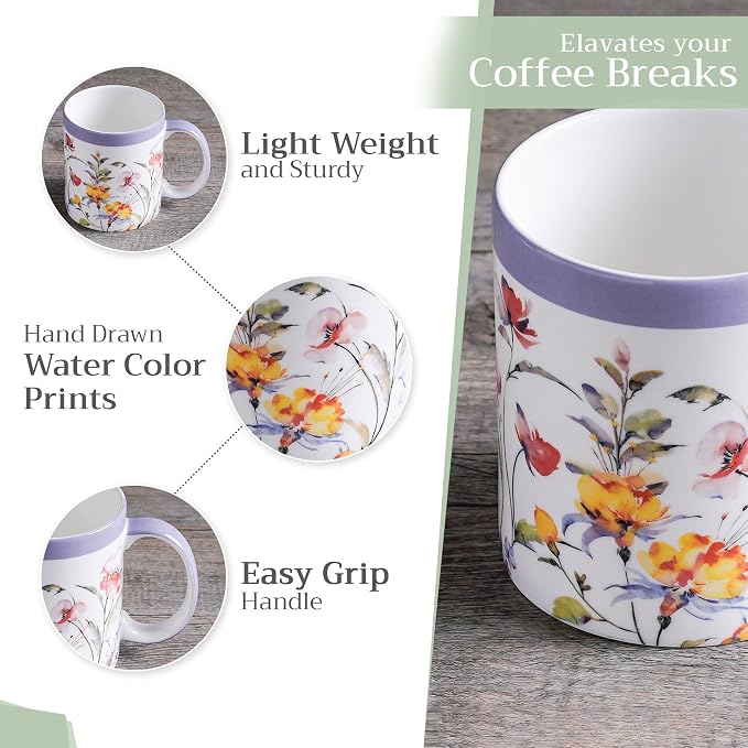 Maison d' Hermine Coffee Mug with Handles Tea Cups (12 Ounce, Pack of 1) | Fine Bone China Coffee Mugs for Hot Beverages Cappuccino Latte Home Restaurant Spring Summer -Summer Floral - Cornflower