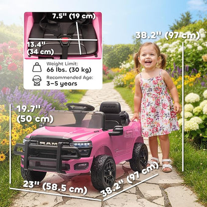 Qaba 12V Kids Ride on Car, Licensed Dodge RAM 3500 Electric Car for Kids with Dual Motors, Parent Remote Control, Rear Suspension, Power Display, Bluetooth Music and LED Lights, Pink