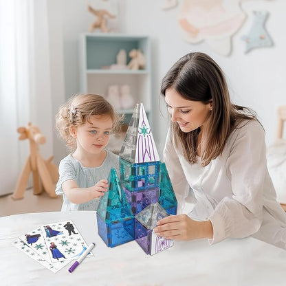 Tytan Toys Disney Frozen Magnetic Tiles Princess Castle - 41-Piece STEAM Building Set with Glitter Tiles & Elsa, Anna, Olaf Stickers - Educational Frozen Toys for Girls Age 3-4+