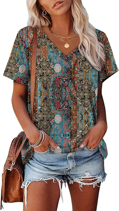 Alaroo Womens Summer Tops 2026 V Neck Short Sleeve Shirts Trendy Dressy Casual Vacation Outfits Printed