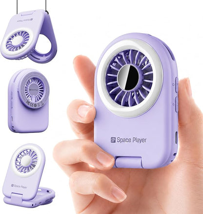 Space Player 6-in-1 Mini Fan, Portable Handheld Fan with Neck Fan, Magnetic Phone Mount, Desktop Stand & Selfie Fill Light, USB Rechargeable Pocket Fan for Travel, Cruise, Concert, Makeup,Purple