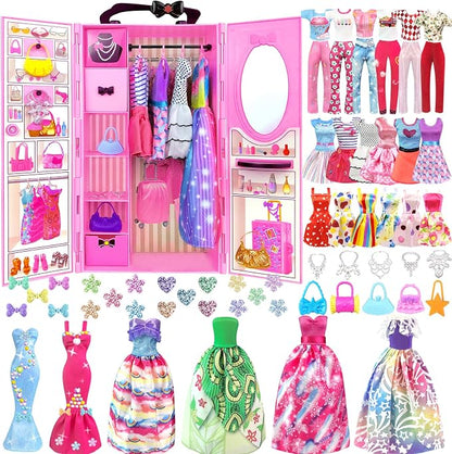 82PCS Doll Clothes and Accessories with Closet for 11.5 Inch Doll - Fashion Design Set Including Wedding Dress Fashion Dresses Outfits Tops and Pants Hangers Bags for Girls