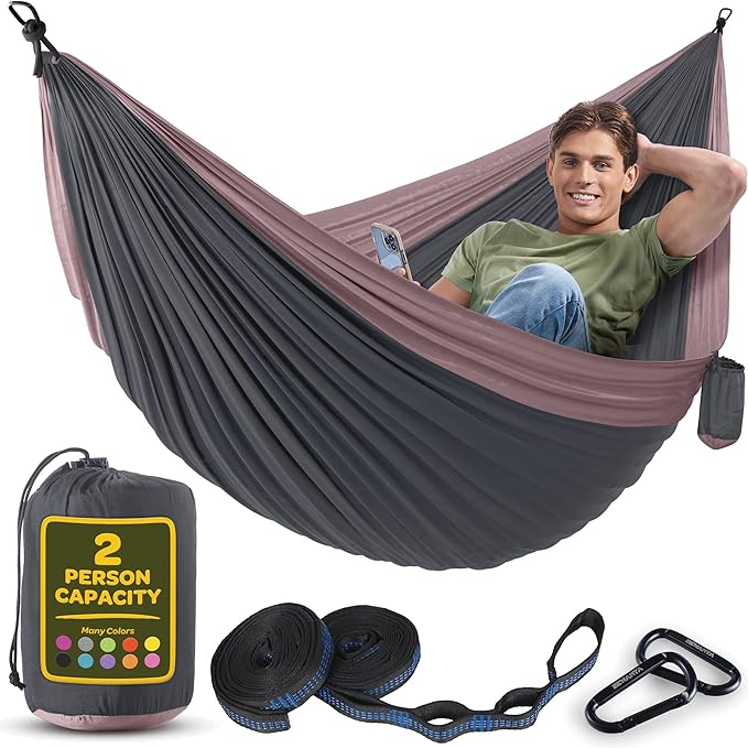 Durable Hammock 500 lb Capacity, Nylon Camping Hammock Chair - Double or Single Sizes w/Tree Straps and Attached Carry Bag - for Travel/Backpacking/Beach/Backyard (Large, Dark Grey & Dusty Pink)