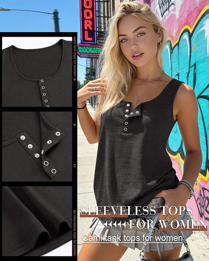 Ficerd 3 Pack Women's Henley Tank Tops Sleeveless Button Down Summer Shirts 2026 Casual Trendy Loose U Neck Tee Blouses