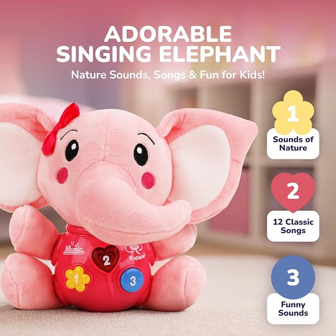 STEAM Life Musical Toys Gift for Baby Newborn 0-6 Month Infant - Plush Elephant Pink