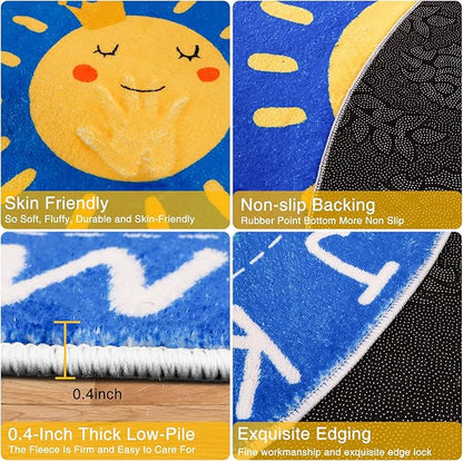 Round ABC Kids Rug,4 Ft Soft Circle Alphabet Playroom Rug,Washable Non-Slip Solar System Kids Play Rug,Space Educational Rug Kids Carpet for Classroom Playroom Bedroom Kids Room Decor