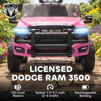 Qaba 12V Kids Ride on Car, Licensed Dodge RAM 3500 Electric Car for Kids with Dual Motors, Parent Remote Control, Rear Suspension, Power Display, Bluetooth Music and LED Lights, Pink