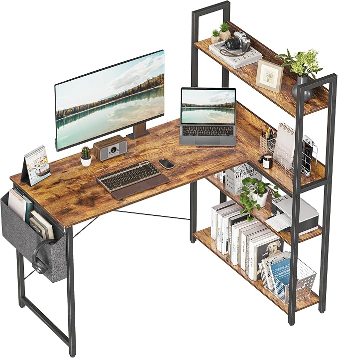 Treesland 40 Inch Computer Desk with Bookshelf, Corner Desk with Storage, L Shaped Desk, Home Office Desks, Writing Study Desk for Bedroom, Brown