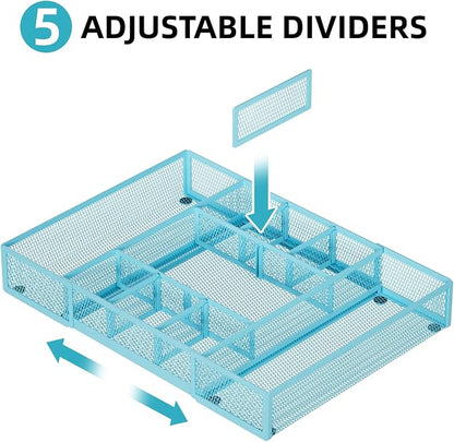 Marbrasse Expandable Desk Drawer Organizer, Mesh Drawer Organizer Tray with 10 Adjustable Compartments, Desk Organizers and Accessories for Office Supplies, Makeup & Vanity (Expandable-Blue)