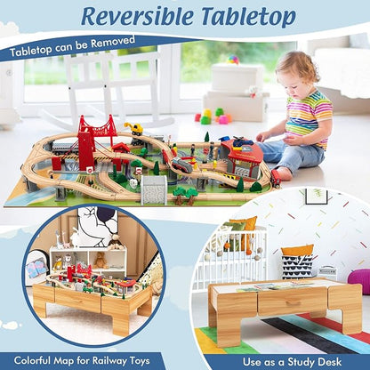 Costzon Train Table, 2 in 1 Kids Activity Table w/Storage Drawer, 100 Multicolor Pieces, Railway, Track, Cars, City, DIY Design, Reversible Tabletop, Gift for Boys Girls, Wooden Train Set (Natural)