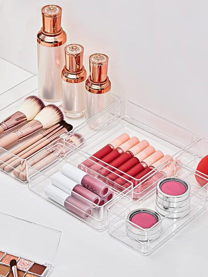SMARTAKE 13 PCS Drawer Organizer 5-Size Desk Makeup Drawer Organizer Clear | Storage Trays for Makeup with Non Slip Silicone Pads, Jewelries, Utensils in Bedroom Dresser, Office, Kitchen and Bathroom