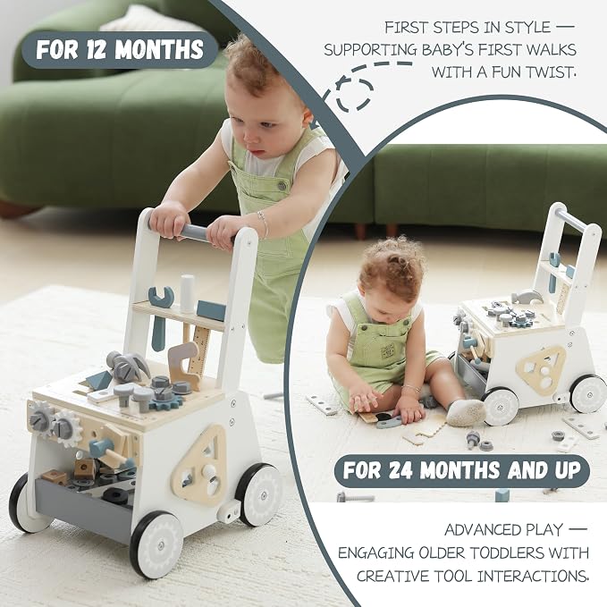 Wooden Baby Push Walker for Toddlers - Multifunctional Montessori Tool Bench Baby Walking Toy with Educational Activities, Ideal for Boys and Girls Aged 3 Years