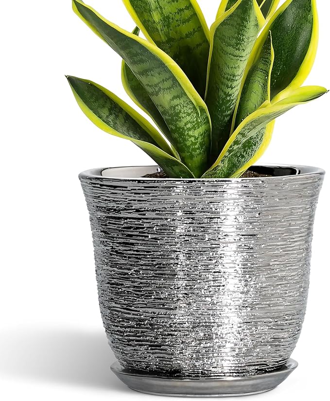 Ceramic Pots for Plants - 8 Inch Plant Pot with Drainage Hole and Saucer, Round Planters for Indoor Outdoor, Modern Planter, Decorative Flower Pots, Home Decor, House Warming Gifts, Silver