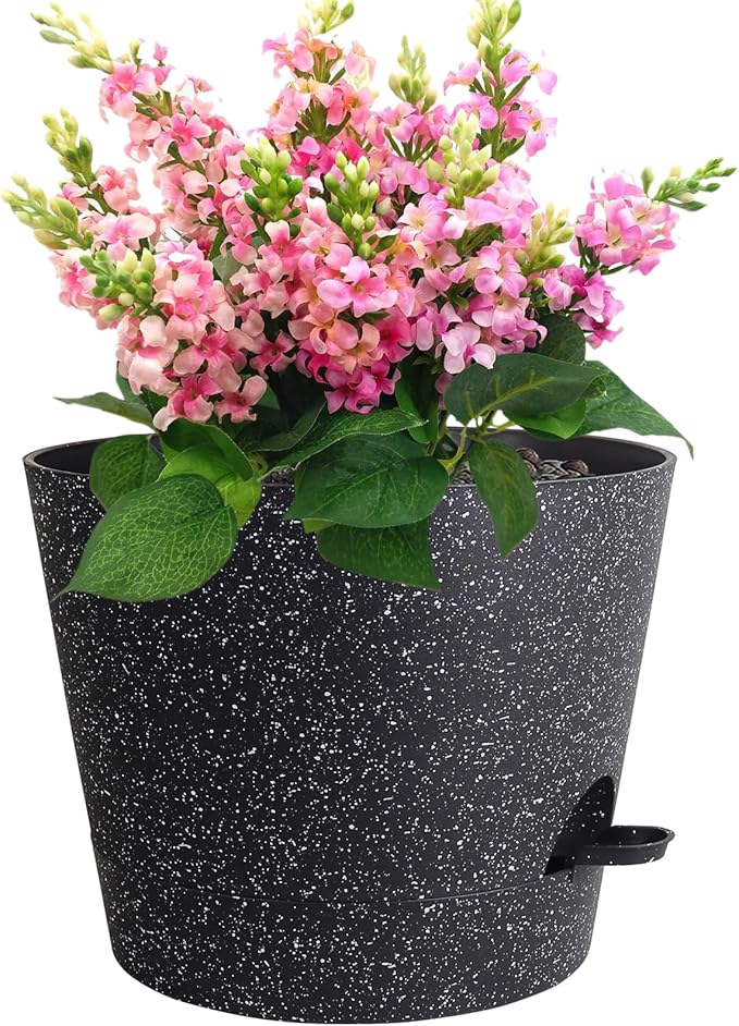12 inch Large Self Watering Pots, Plant Pots with Mesh Drainage Holes for Indoor Outdoor Plants, Plastic Planters with Deep Reservoir for Garden House Flower Plants, Speckled Black