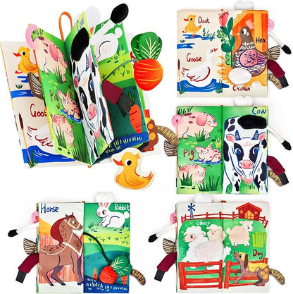 JoyCat Baby Books 0-6-12 Months - Farm Tail Tummy Time Toys - Sensory Touch & Feel Crinkle Cloth Book with Detachable Duck - Newborn Easter Basket Stuffers