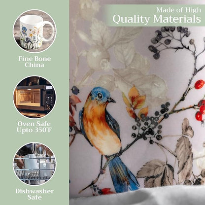 Maison d' Hermine Coffee Mug with Handles Tea Cups (15 Ounce, Pack of 1) | Fine Bone China Coffee Mugs for Hot Beverages Cappuccino Latte Home Restaurant Spring Summer -Equinoxe - Grey - Sparrows