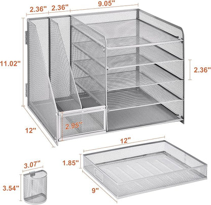 Marbrasse Desk Organizer with File Holder, 5-Tier Paper Letter Tray Organizer with Drawer and 2 Pen Holder, Mesh Desktop Organizer and Storage with Magazine Holder for Office Supplies (Silver)
