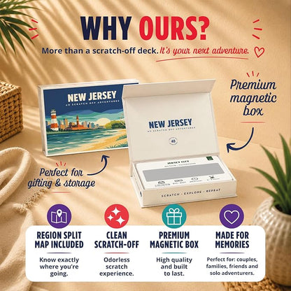 New Jersey Bucket List Scratch Off Cards - 40 Adventure Cards with Region Split Map, Hidden Gems, Scenic Escapes & Local Favorites - Travel Gift for Couples, Families, Friends & Tourists