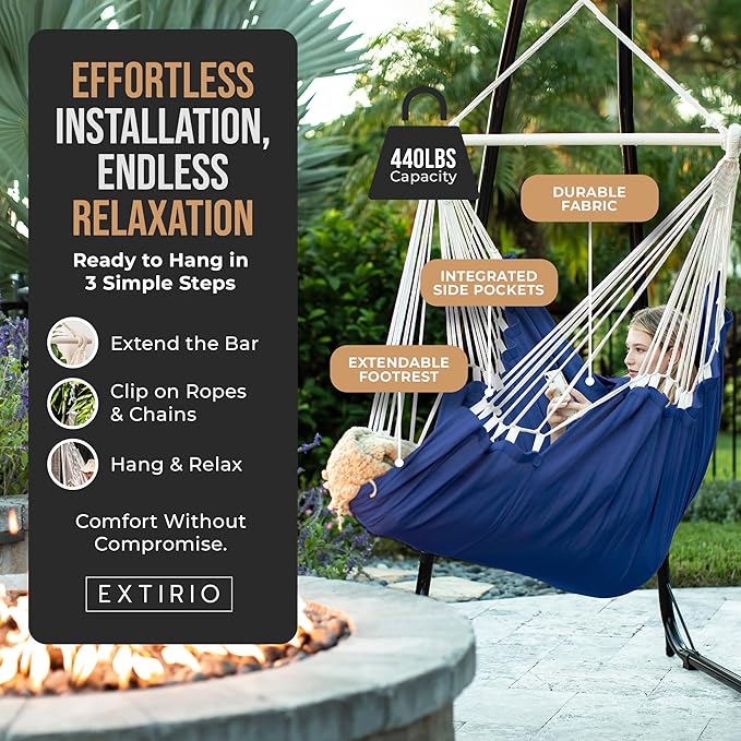 Hanging Hammock Chair Swing – Hanging Chair Outdoor & Indoor - Hammock Swing Chair – Quick & Easy Setup with Hardware Kit – Durable & Spacious Full Body Support – Holds 440 Lbs
