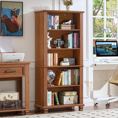 SAVOR LIFE 70" Tall Brown Bookshelf,5 Tier Wooden Book Shelf with Adjustable Shelves & Wood Legs,Free Standing Farmhouse Bookcase with Open Display Storage,Vintage Bookshelves for Classroom, Office