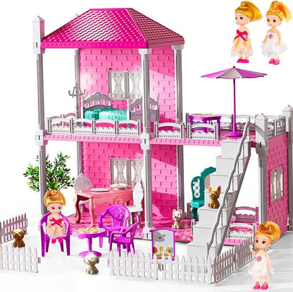JUKUDAHU Villa Playset for Girls Ages 3-7, Indoor Playset Girls Toys with 2 Storeys 3 Rooms 2 Dolls for Ages 6-8, Furniture and Accessories, Pretend Toddler Toy, Birthday Gifts for Kids 3 4 5 6 7 8