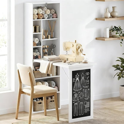 HOMCOM Foldable Convertible Writing Table Space-Saving Computer Desk White | Wall Mounted Design, Chalkboard, Storage Shelves, for Small Spaces, Home Office, Bedroom, Dorm, Apartment